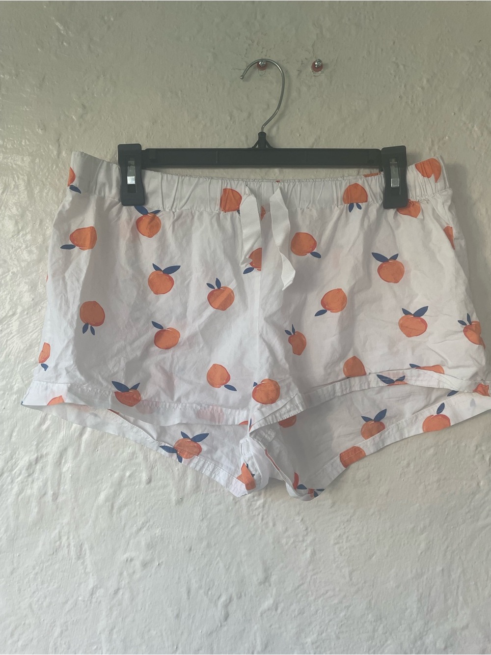 J. Crew white sleep / lounge shorts, peach design, drawstring waist; size S